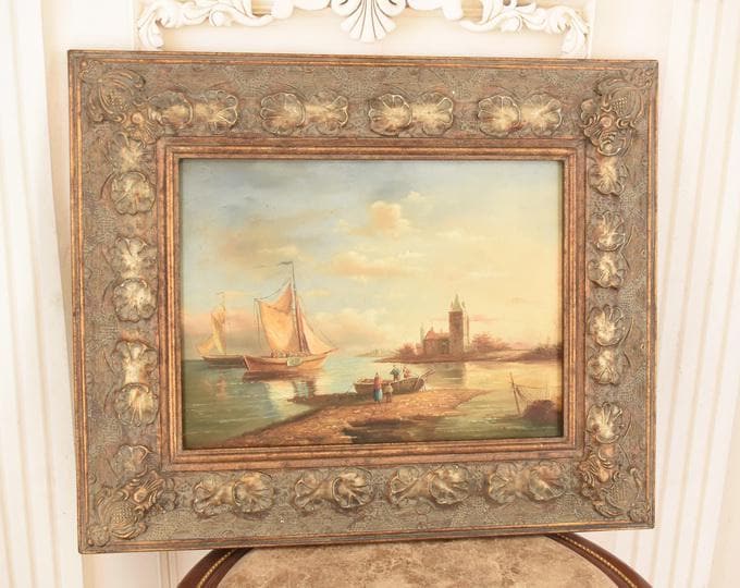 Vintage Nautical Ship Painting: Handmade Seascape Art with Gold Frame