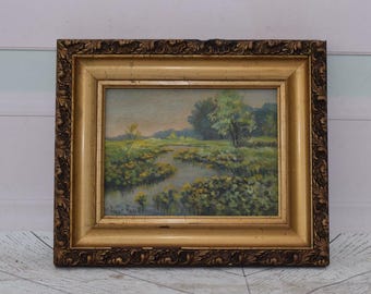 Vintage Polish Landscape Painting: River with Water Lilies, Golden Frame