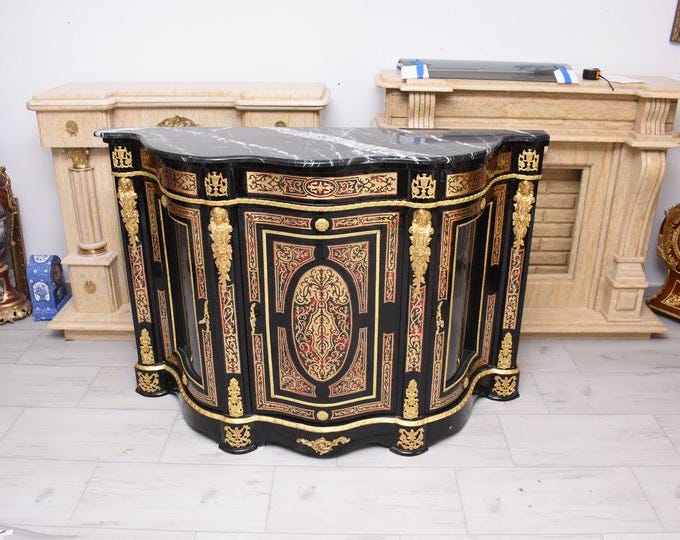 Boulle Style Commode Cabinet – Marble Top, Curved Glass, French Vintage Statement Piece