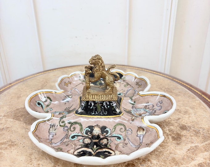 Vintage Fruit Bowl with Bronze Lion Mounts – Ornate Centerpiece Table Decor