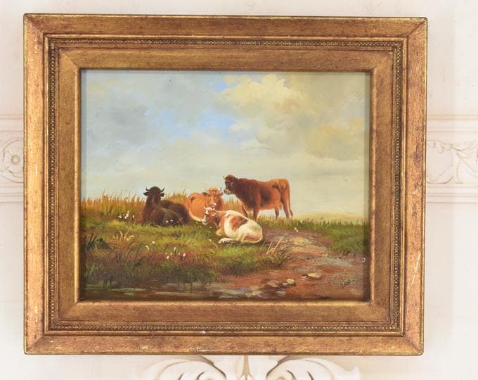 French Vintage Cow Painting – Pastoral Landscape with Golden Frame