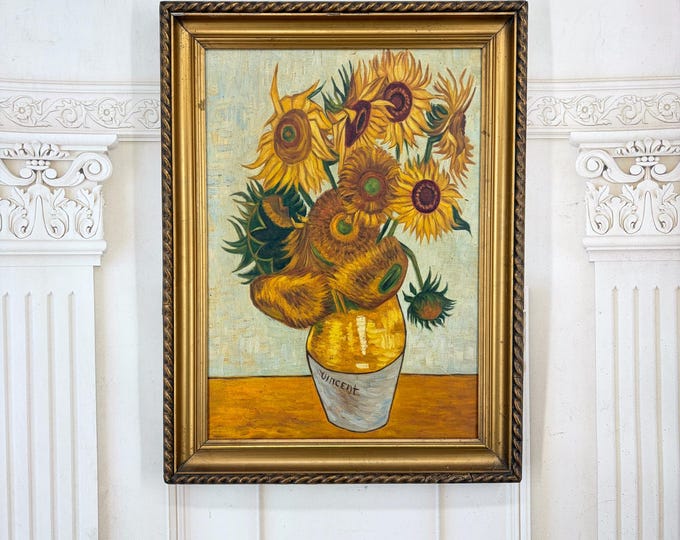 Vintage Van Gogh Style Sunflowers Oil Painting – Gold Framed Floral Canvas Wall Art