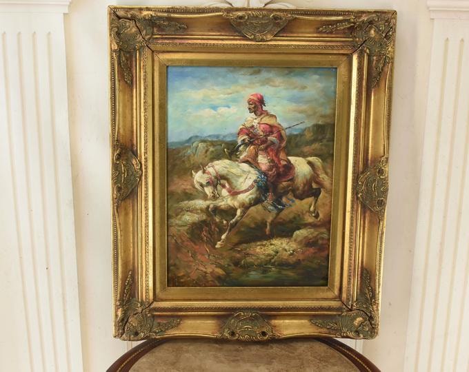 Oriental Arab Horsemen Oil Painting | Bedouin Desert Scene on Wood | Vintage Exotic Wall Art