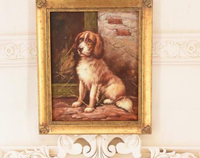 Vintage Dog Portrait Oil Painting – Golden Frame, Oil on Wood Wall Art