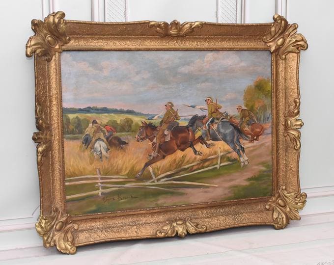 Antique Large Polish Soldiers Painting – Polish Army Horses – Oil on Canvas – Unique Framed Artwork – Wall Art & Home Decor – Wedding Gift