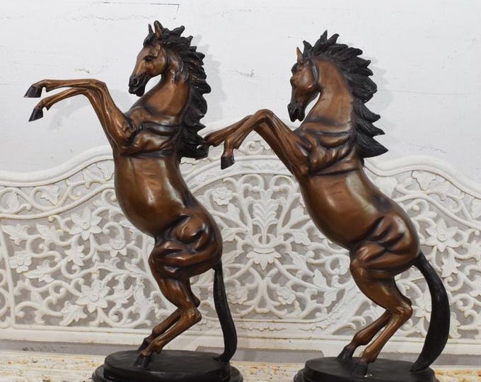 Two Wild Horses Bronze Sculpture on Marble Base - Horse Art Statue - Vintage Figure - Garden and Home Decor - Unique Gift Idea