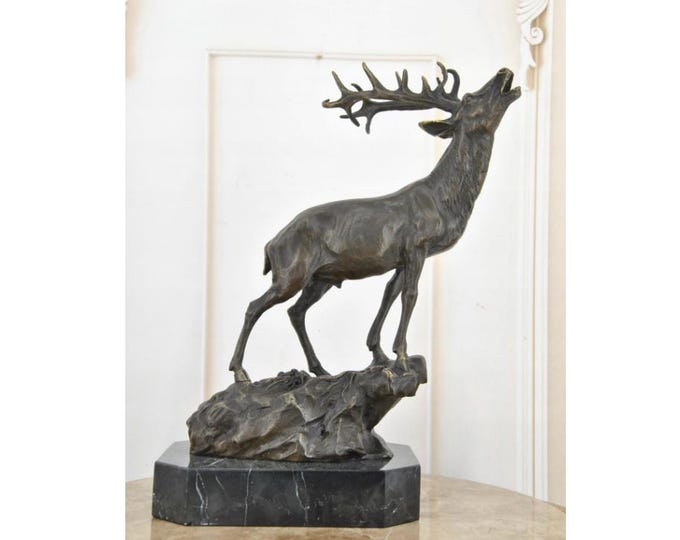 Roaring Deer Bronze Sculpture on Marble Base - Hunting Decor