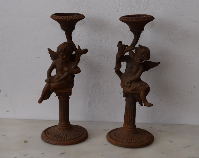 Cast Iron Pair Candlestick Candlesticks Angel Sculpture Figurine Figure Gift Vintage  Style    Angels -