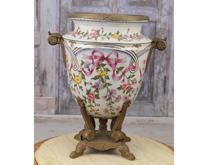 Large Pink and White Porcelain Vase - Antique Urn and Bronze Ornaments - Art Nouveau Vase Home Decor - Floral Design - Gift for Wedding