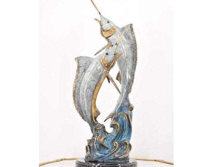 Two Large Fishes Marlins - Bronze Staute - Marlin Bronze Statue - Art Work Painted Sailfish - Gift for Fisherman - Fish Sculpture on Marble