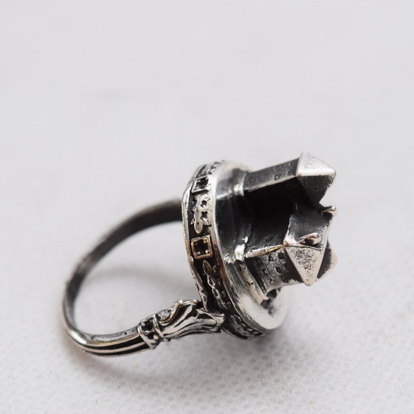 Silver Ritual Old Jewish Ring - Antique Old Ring Judaica Jewish Large Silver Ark Work - Synagogue Style Ring Judaica Silver 84