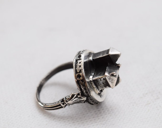 Silver Ritual Old Jewish Ring - Antique Old Ring Judaica Jewish Large Silver Ark Work - Synagogue Style Ring Judaica Silver 84