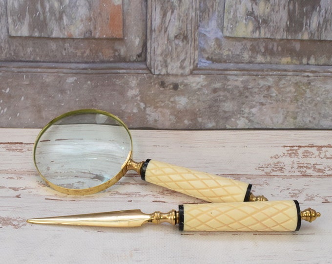 Magnifier and Letter Opener Set - Office Accessories Set of 2 Decorative Shiny Brass - Art Work Elegant Gift Idea - Home and Office Decor
