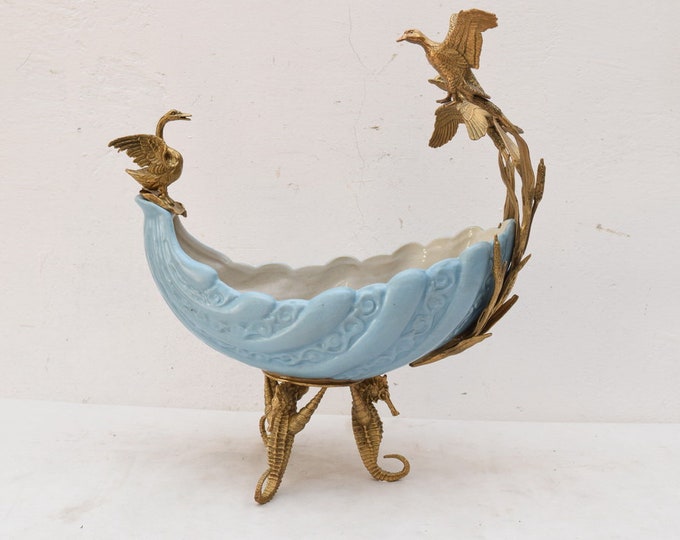 Porcelain bowl with bronze ornaments - ducks and swan - blue  plateau porcelain antique