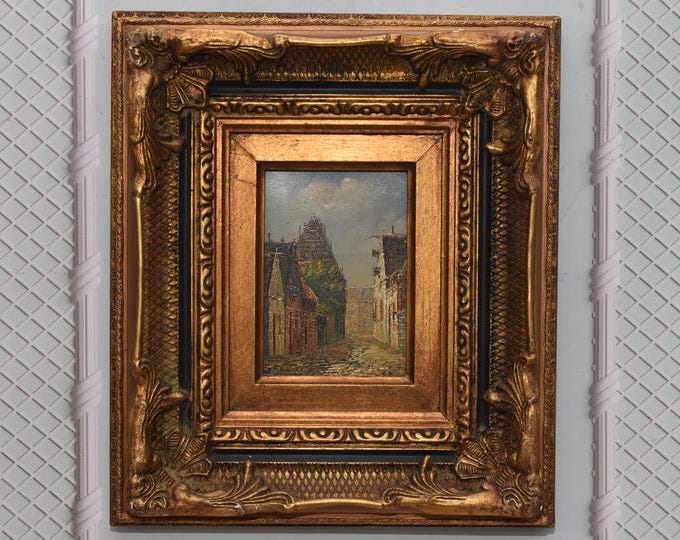 Antique Paris Street Painting – Golden Frame, French Wall Decor (14.17x16.14" Signed)