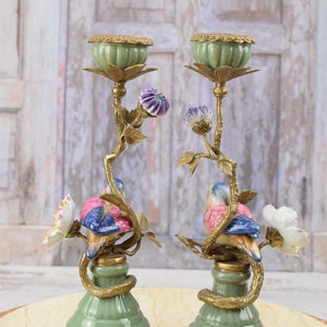 Pair Porcelain Candlesticks Bronze Ornaments Birds on a Branch Home Decor Unique Gift for Wedding Antique Candleholders image 5