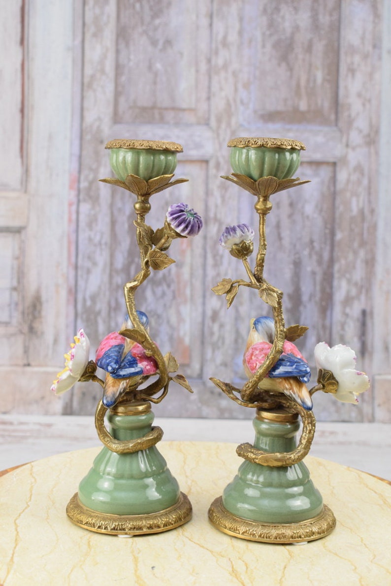 Pair Porcelain Candlesticks Bronze Ornaments Birds on a Branch Home Decor Unique Gift for Wedding Antique Candleholders image 5