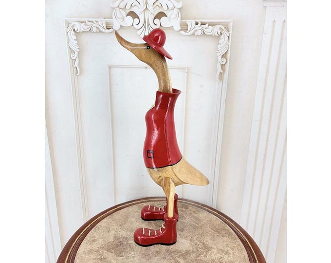 Vintage Teak Wood Duck Figurine – Hand-Painted Firefighter Animal Decor