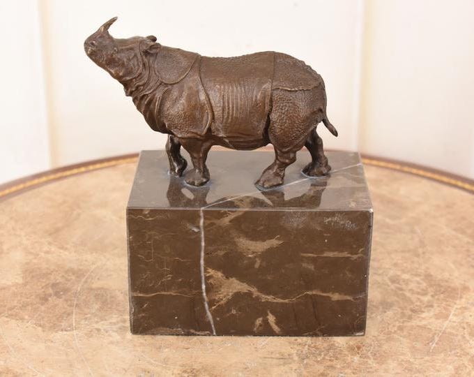 Bronze Rhinoceros Sculpture - Walking Rhino on Marble Base