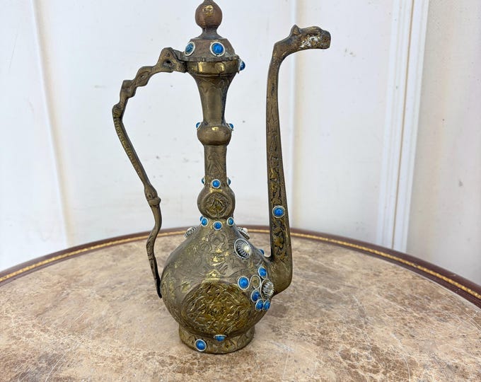 Antique Brass Decorative Jug with Stones – 100 Year Old Vintage Pitcher