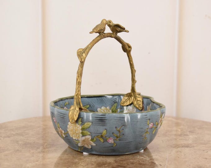 Blue Plateau Porcelain with Bronze Birds - Bronze Ornaments - Richly Dedcorated - Bowl Porcelain - Home, Kitchen Decor