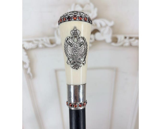 Russian 84 Silver Walking Stick – Imperial Eagle, St. George Cane with Red Stones