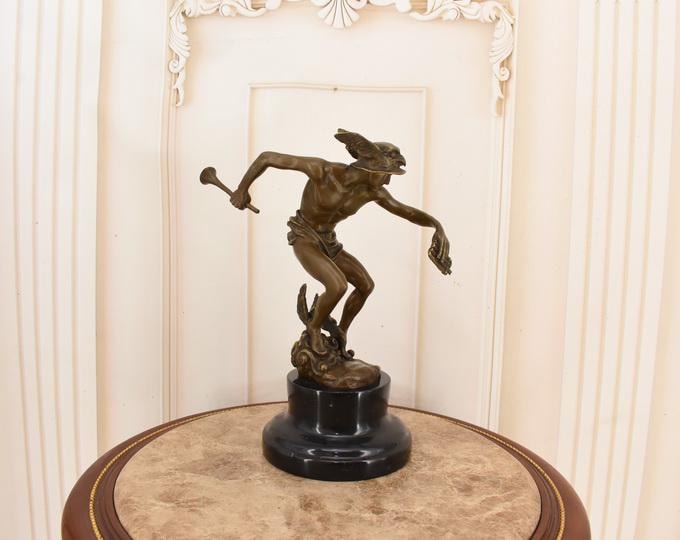 Signed Giambologna Flying Mercury Bronze Statue - Vintage Greek God Sculpture