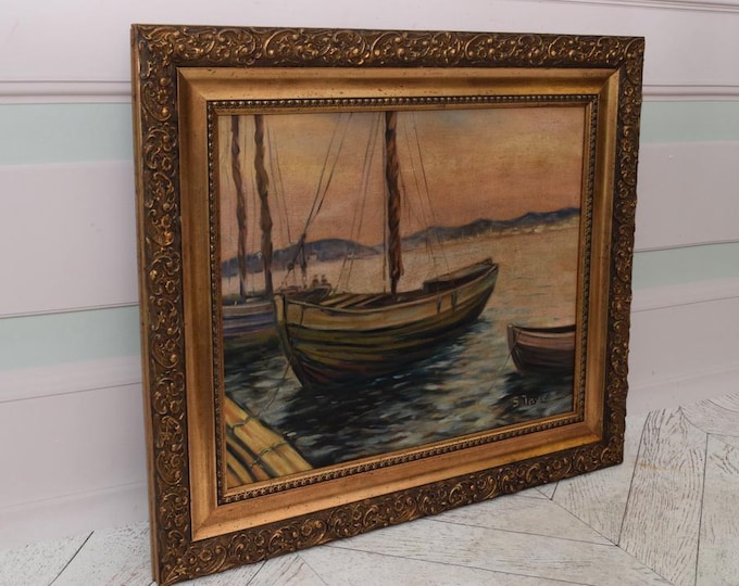Antique Polish Painting – Jaxa Malachowski – Boats in Old Seaport – Marine Art – Wall Decor – Gift Idea – Home Decor