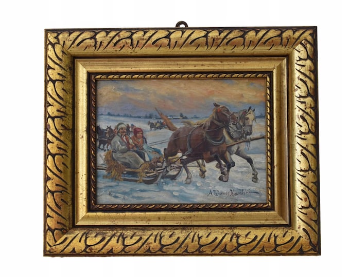 Antique Painting Hunting Trip - Hunter Painting - Interior Design - Painting Oil on Wood - Collectible Art - Wall Art Decor - Gift Idea
