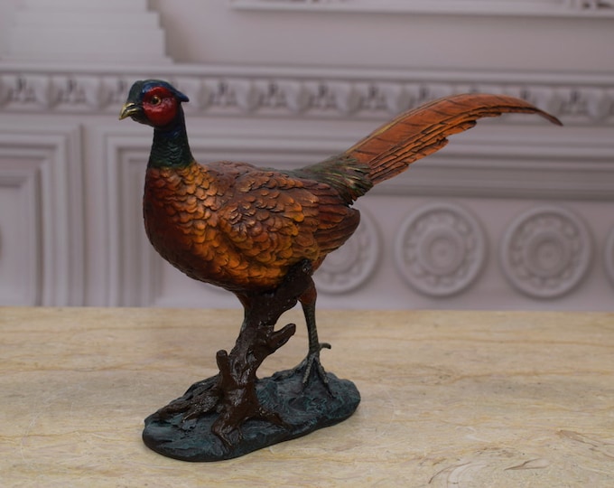 Pheasant Hunter Bronze - Sculpture Pheasant - Painted Bronze - Foundry Mark - Gift Hunting Idea - Amazing Painted Bronze Pheasant