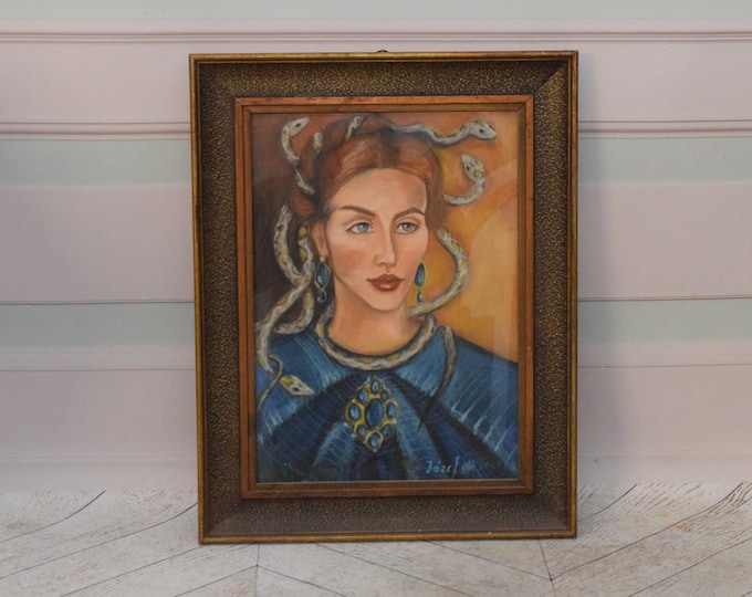 Antique Pastel Painting Under Glass – Medusa Portrait – Mythological Art – Vintage Wall Decor – Unique Collectible