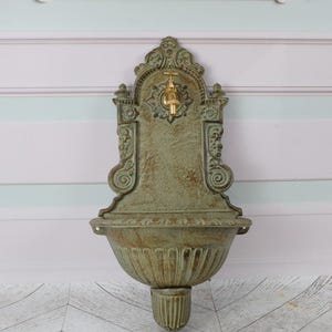 Cast Iron Wall Fountain with Brass Faucet Tap - Green Patina Wall Decor - Rustical Foutain - Home and Garden Decor - Brass Wall Sink