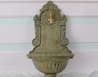 Cast Iron Wall Fountain with Brass Faucet Tap - Green Patina Wall Decor - Rustical Foutain - Home and Garden Decor - Brass Wall Sink