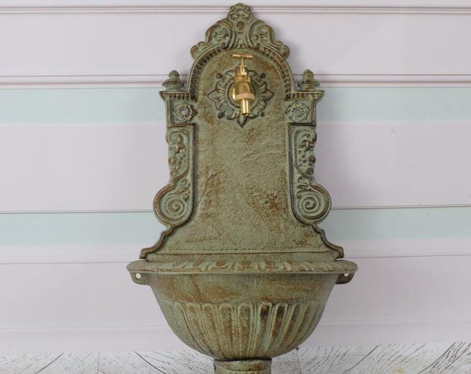 Cast Iron Wall Fountain with Brass Faucet Tap - Green Patina Wall Decor - Rustical Foutain - Home and Garden Decor - Brass Wall Sink