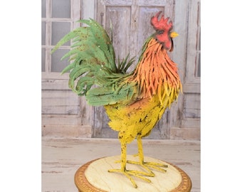 Ręcznie wykonana figurka koguta z żelaza: kolorowa rzeźba ogrodowa (25,59 x 21,65 cala)