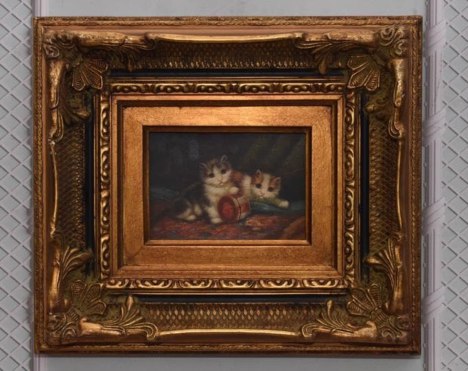 Two Cats Painting: Signed Art in Gold Frame