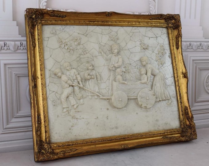 Painting Alabaster with Gold Frame - Children Pushing a Stroller - Amazing Gift Idea - Wall Decor - Wall Art - Home Decor - Unique Gift