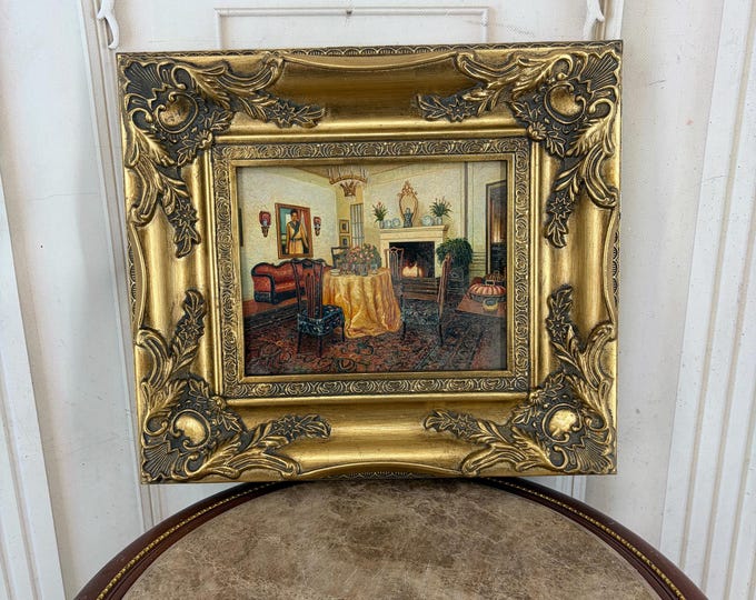 Vintage Antique Interior Oil Painting - Elegant Home with Antiques - Ornate Gold Frame