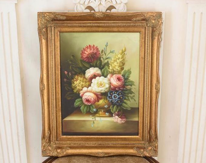 Vintage Floral Oil Painting in Golden Frame - French Art (54x44)