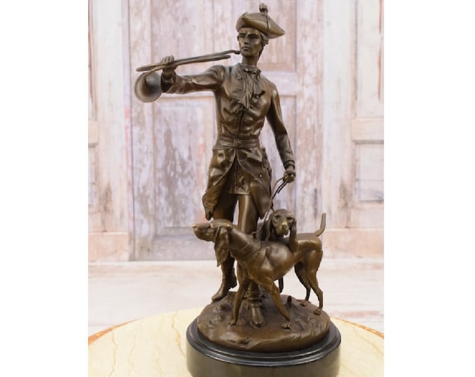 Bronze Statue Auguste Moreau Style - Hunter With Horn and Two Hound Dogs Statue  - Unique Hunting Sculpture - Home Decor - Office Decor