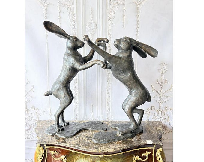 Vintage French Boxing Hares Bronze Sculptures – Pair of Large Rabbit Figures – Humorous Animal Decor