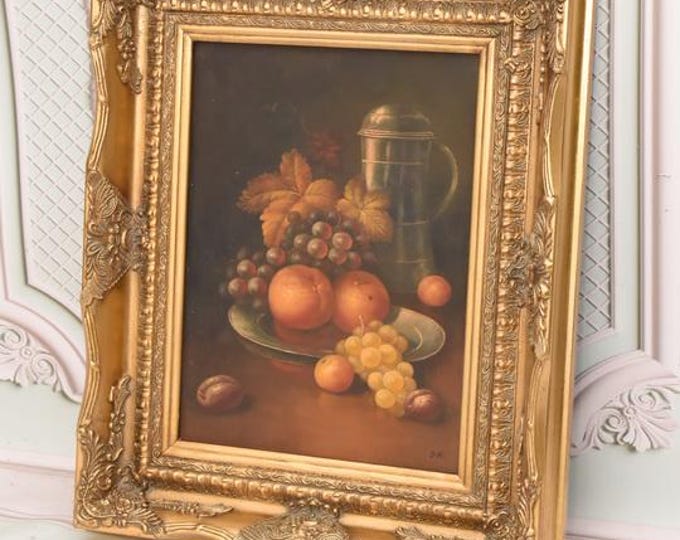 Still Life Grapes Painting | Vintage Oil on Wood with Golden Frame | French Fruit Artwork | Rustic Wall Decor | Wedding Gift
