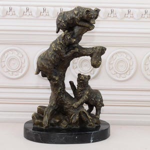 Family Bears Bronze Sculpture - Bears on the Tree Statue on Marble Base Home Decor - Vintage Statue - Good Gift Idea