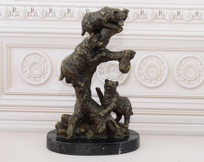 Family Bears Bronze Sculpture - Bears on the Tree Statue on Marble Base Home Decor - Vintage Statue - Good Gift Idea