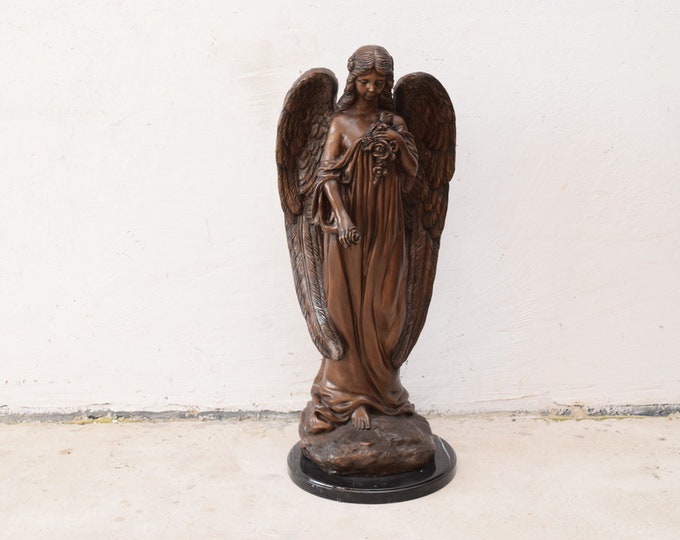 Very Large Woman Angel with Flowers Bronze Statue  Art Deco Saint Figurine Sculpture Gift Idea for -