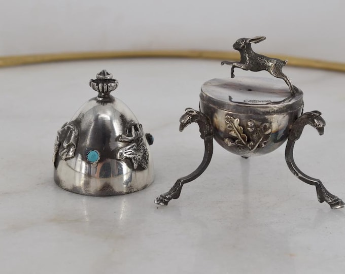 Imperial Egg with Running Rabbit – Hunter Motif – Blue Stone Details – Ornamental Silver Gift – Tsar Art - Collector Item - Silver Russia 84