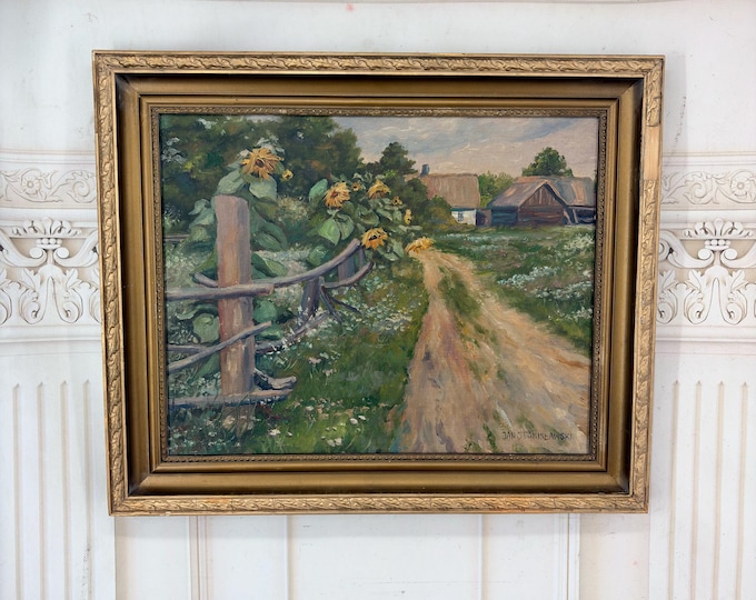Vintage Polish Countryside Landscape Oil Painting - Stanislawski Style - Sunflowers & Village - Oil on Canvas