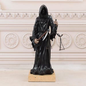 Rzeźba z brązu Grim Reaper na marmurowej podstawie - Santa Muerte Last Goodbye - Death with a Scythe - Vintage Statue - Prezent do domu i biura
