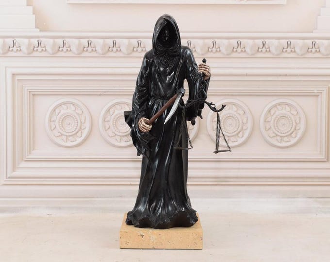 Grim Reaper Bronze Sculpture on Marble Base - Santa Muerte Last Goodbye - Death with a Scythe - Vintage Statue - Home and Office Decor Gift