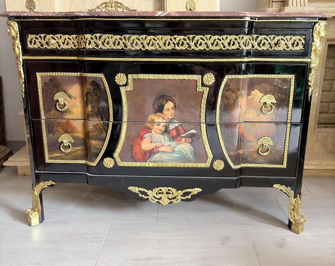Vintage Black Painted Commode - Hand Painted Romantic Scene - Marble Top - Gilt Bronze Style Mounts - Elegant Statement Furniture
